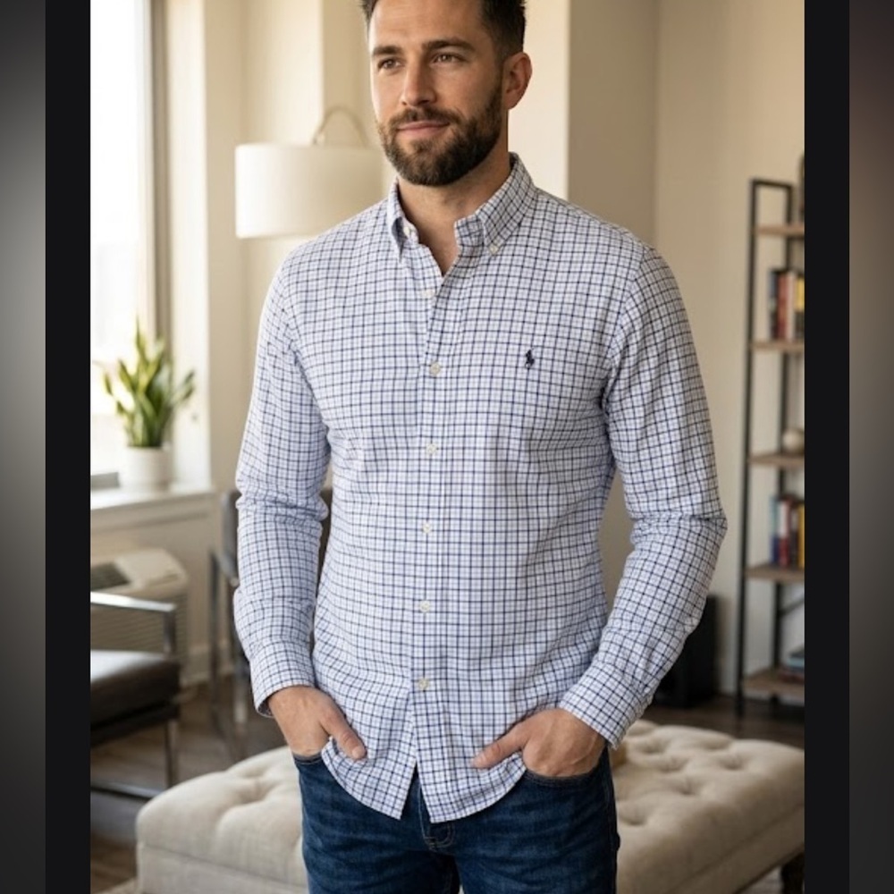 Ralph Lauren Men's Plaid Shirt - Blue and White